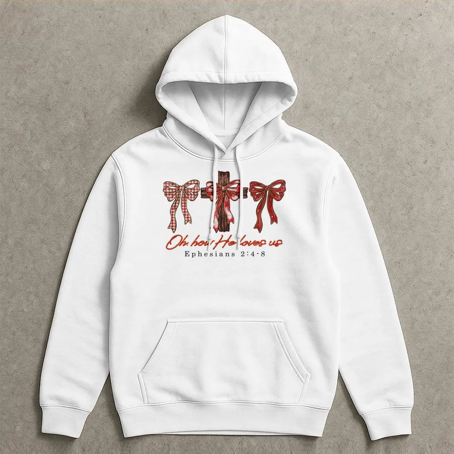 Oh How He Loves Us Hoodie | Bible Verse Cross Graphic Sweatshirt | Premium Cotton Blend | Christian Valentine Gift for Women and Men