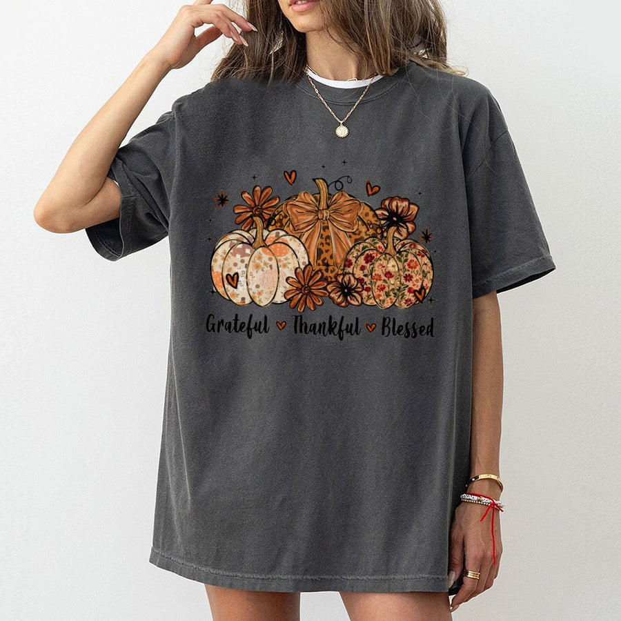 Grateful Thankful Blessed T-Shirt | Fall Pumpkin Floral Design | 100% Cotton Premium Comfort | Thanksgiving Outfit Gift For Women & Teens