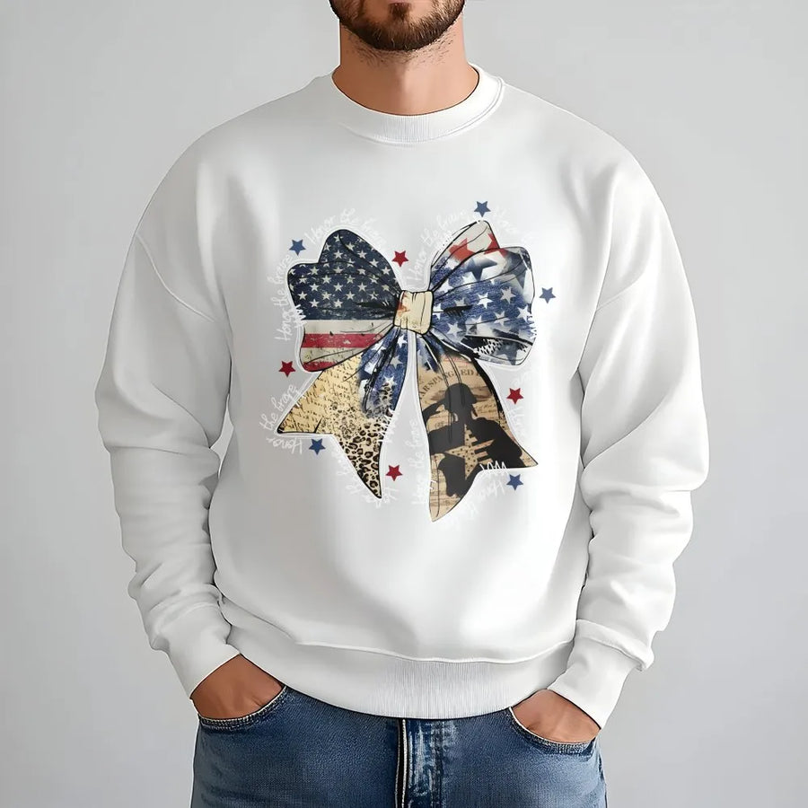 American Flag Coquette Bow Sweatshirt | Patriotic Military Soldier Tribute | Premium Cotton Blend | Gift for Veterans Day or 4th of July