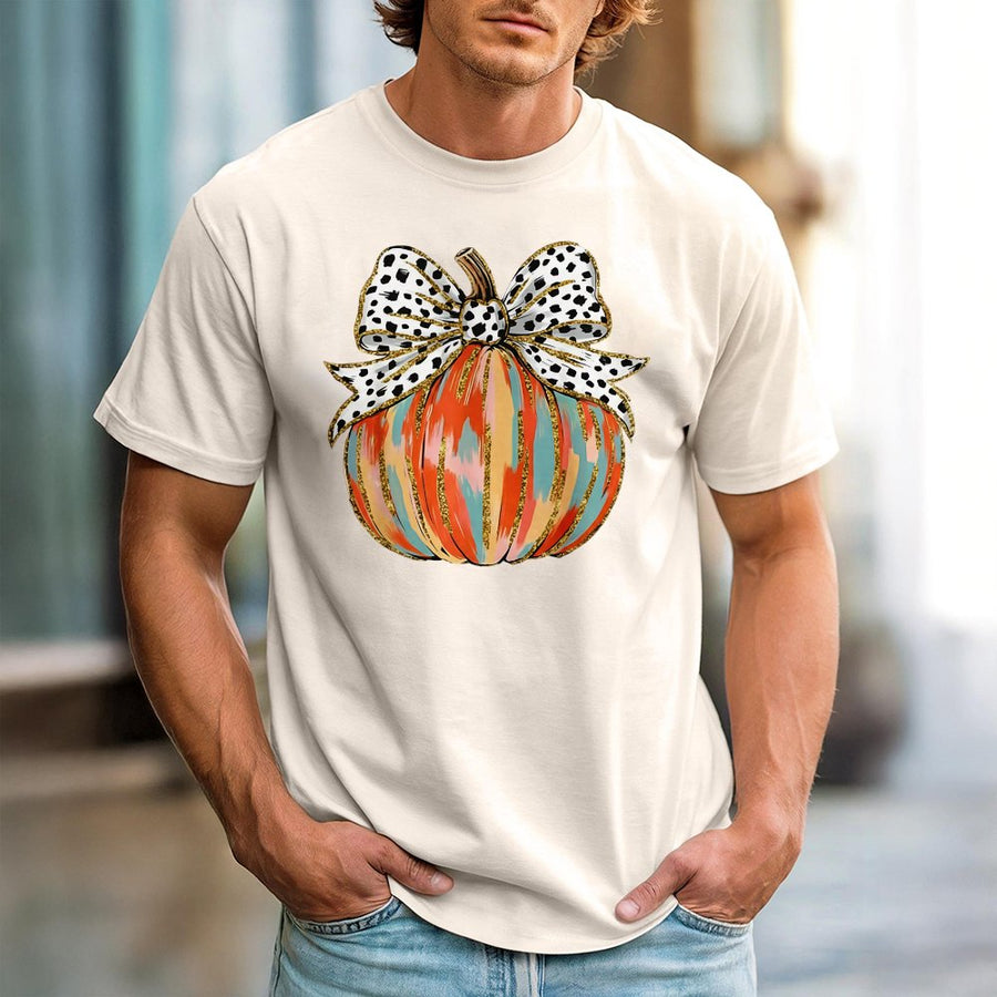 Coquette Bow Pumpkin T-Shirt | Fall Aesthetic Graphic Print | Premium 100% Cotton Tee | Trendy Thanksgiving Autumn Gift for Women