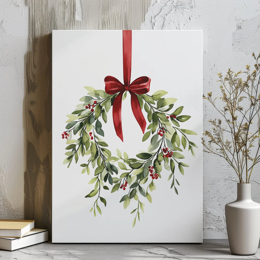 Watercolor Christmas Wreath Canvas Wall Art | Festive Red Bow and Holly Berries | Gallery Wrap Premium Print | Holiday Farmhouse Home Decor