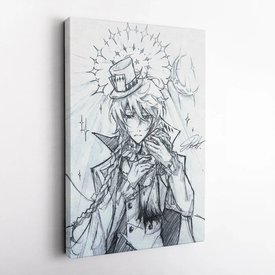 Anime Boy Canvas Wall Art | Pencil Sketch Style Illustration with Top Hat | Gallery Wrap Premium Print | Aesthetic Room Decor Gift for Otaku