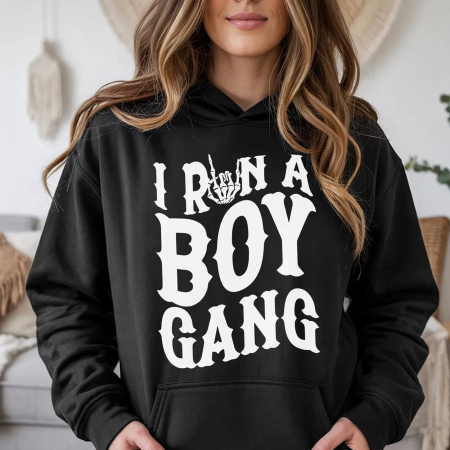 I Run A Boy Gang Hoodie | Skeleton Hand Graphic Statement Top | Soft Cotton Blend Unisex Pullover | Funny Gift For Boy Moms And Dads
