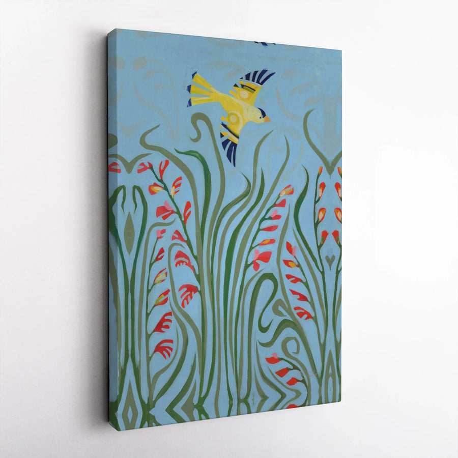 Art Nouveau Bird Canvas Print | Yellow Goldfinch & Floral Meadow | Premium Gallery Wrap Wall Art | Botanical Home Decor Gift for Nature Lover