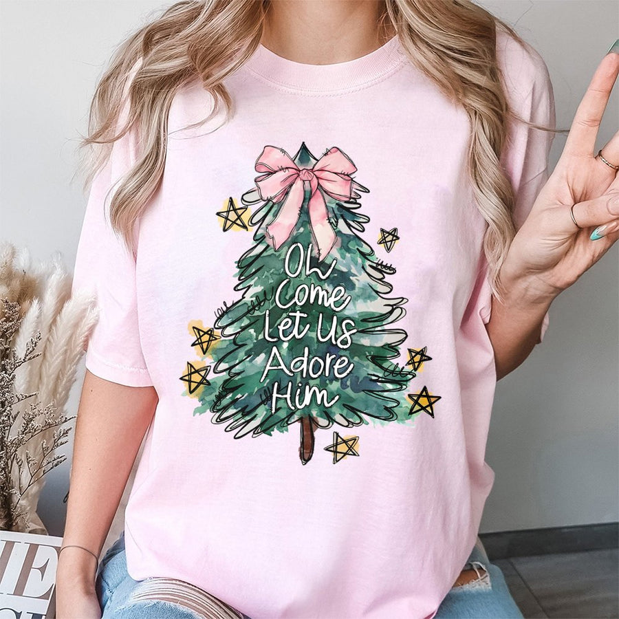 Oh Come Let Us Adore Him T-Shirt | Christian Coquette Christmas Tree Graphic | 100% Cotton Premium Tee | Faith-Based Religious Holiday Gift