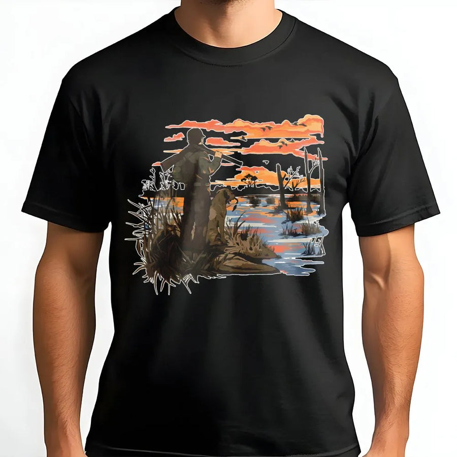 Duck Hunting T-Shirt | Vintage Waterfowl Hunter & Retriever Dog Graphic | 100% Soft Cotton Premium Tee | Outdoor Wildlife Gift For Men & Women