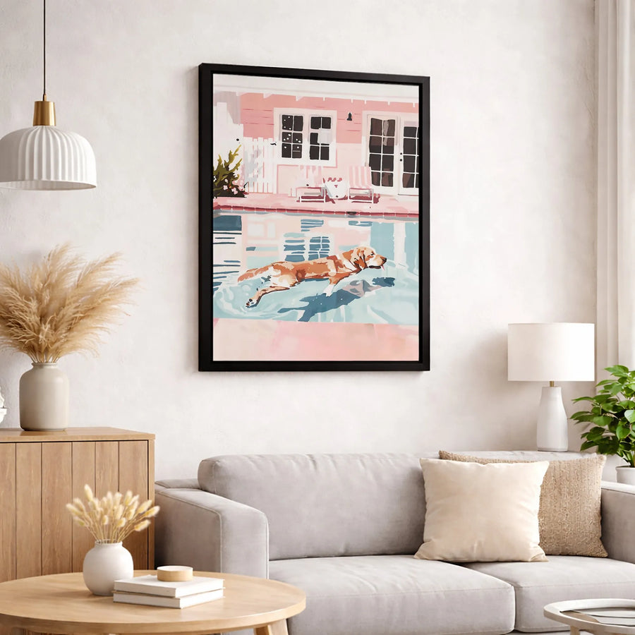 Golden Retriever Pool Art | Aesthetic Pink Summer House Canvas | Premium Fade-Resistant Print | Dog Lover Home Decor Gift