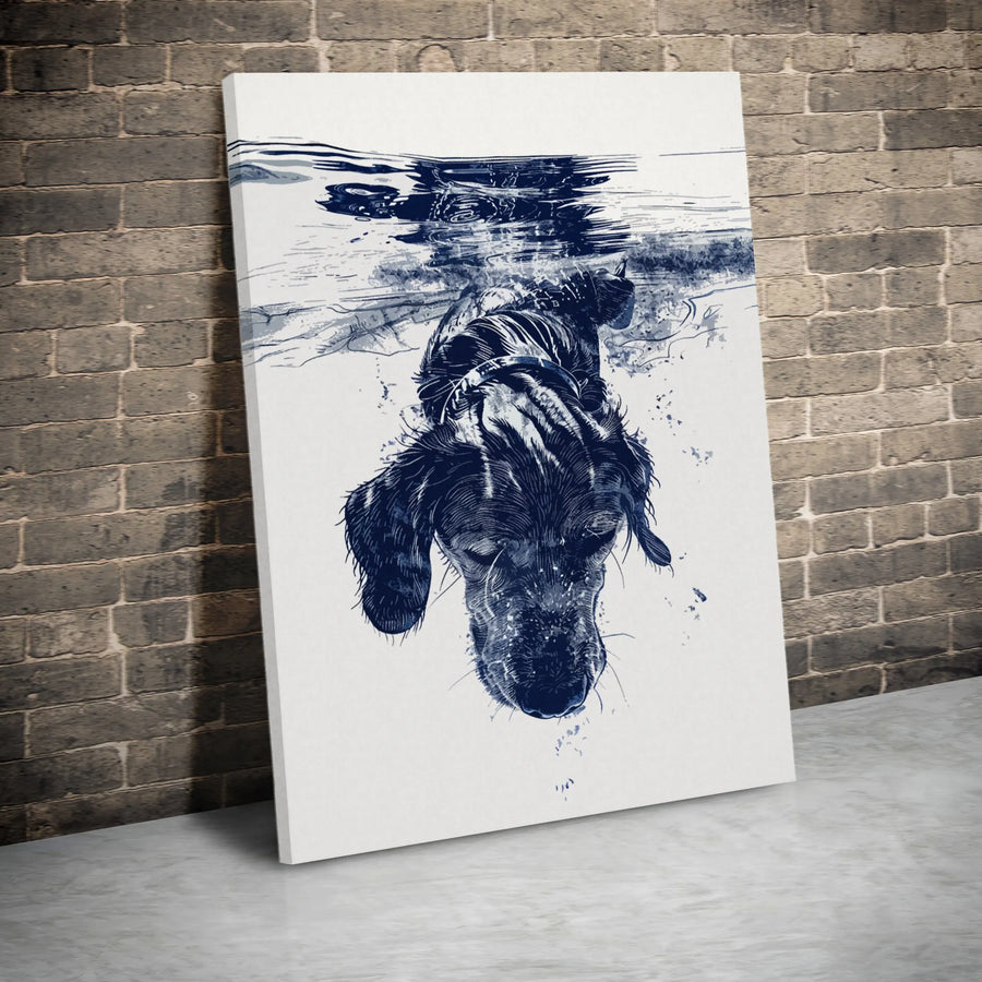 Dog Swimming Underwater Wall Art | Blue Sketch Style Illustration | Premium 1.25 Inch Canvas | Gift For Dog Lovers And Modern Home Decor