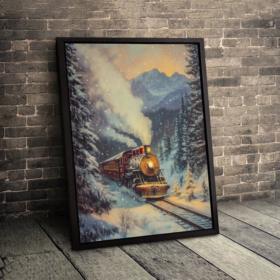 Steam Train Wall Art | Snowy Mountain Winter Landscape Print | 1.25 Inch Premium Gallery Canvas | Holiday Home Decor Gift