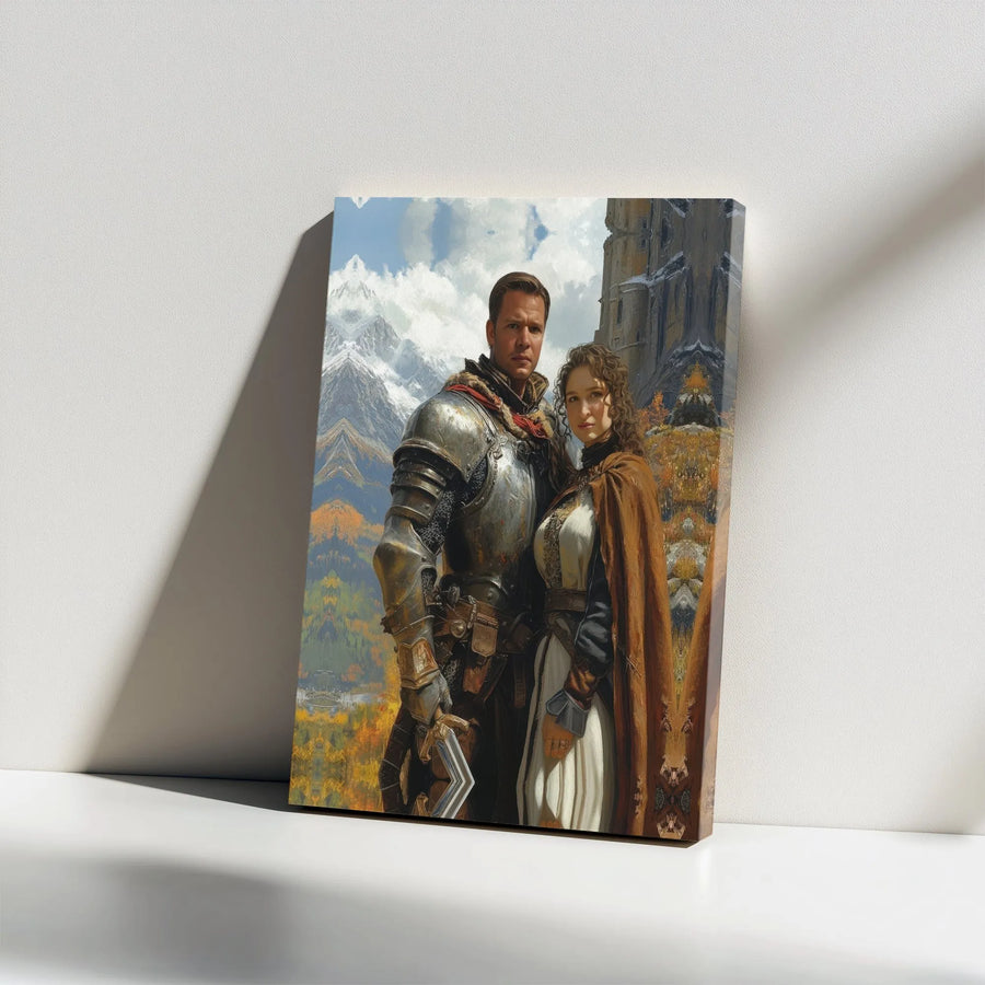 Knight and Maiden Fantasy Canvas | Medieval Castle Mountain Wall Art | Premium Gallery Wrapped Decor | Romantic Couple Gift for Home Office