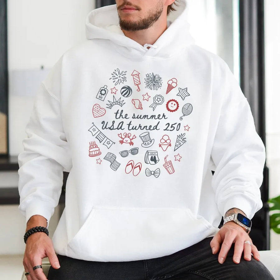 USA 250th Anniversary Hoodie | Retro Summer Doodle Graphic | Soft Cotton Blend | Patriotic Semiquincentennial Commemorative Gift