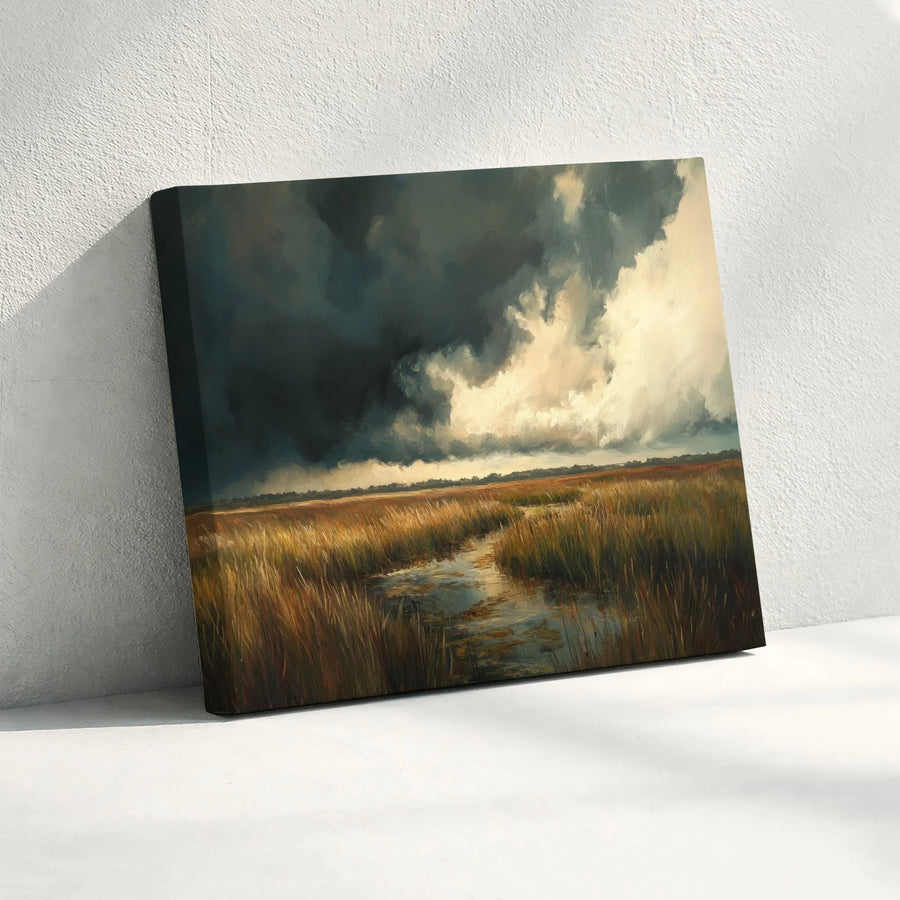 Stormy Marshland Oil Painting Canvas | Moody Winding Creek Landscape | Premium Gallery Wrap Wall Art | Rustic Nature Home Decor Gift