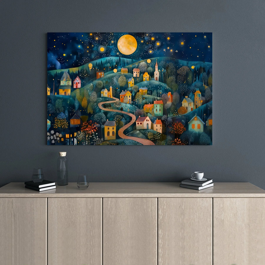 Whimsical Village Canvas Print | Starry Night Sky and Full Moon Art | Premium Gallery Wrap Decor | Enchanting Landscape Wall Art for Home