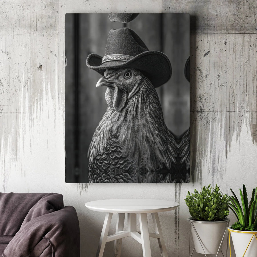 Cowboy Chicken Canvas Art | Funny Black and White Farmhouse Decor | Premium Gallery Wrapped Canvas | Unique Gift for Farmer or Chicken Lover