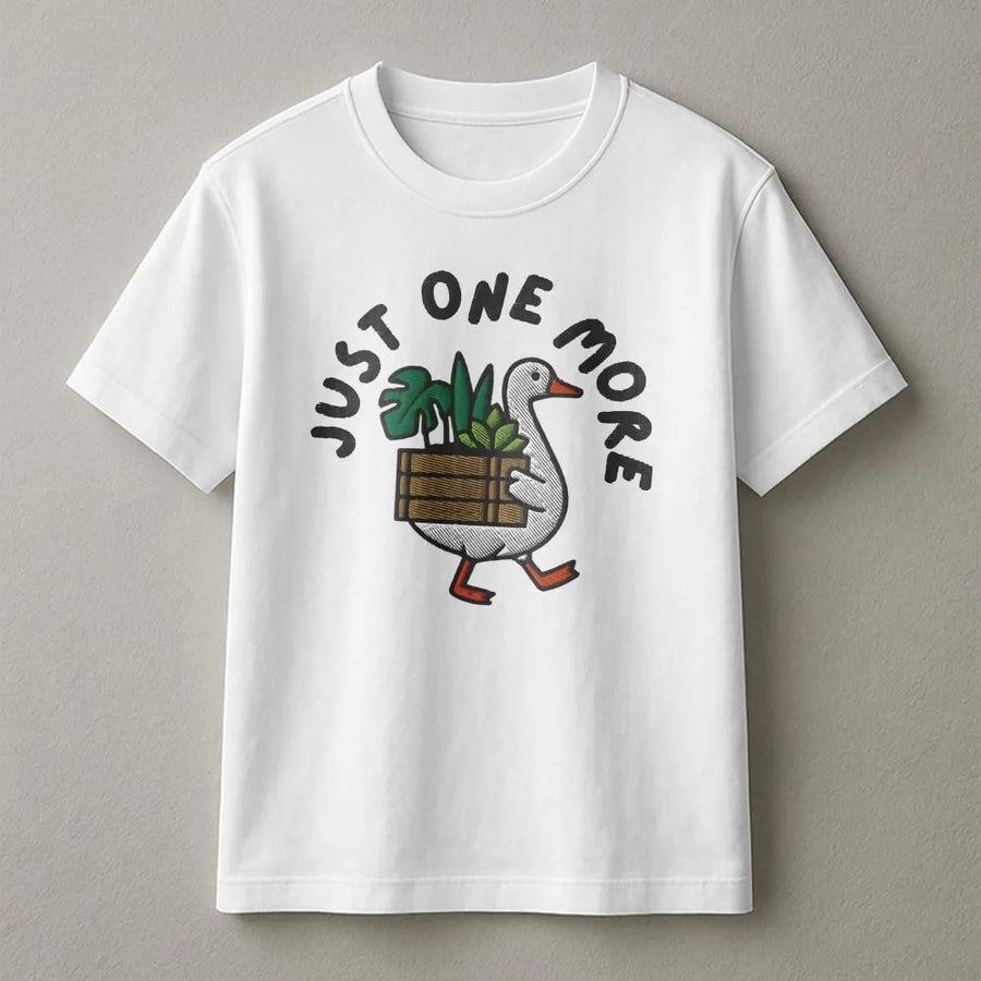 Funny Plant Lover Goose T-Shirt | Botanical 'Just One More' Graphic Print | Soft Cotton Blend Pullover | Unique Gardener Gift for Plant Moms