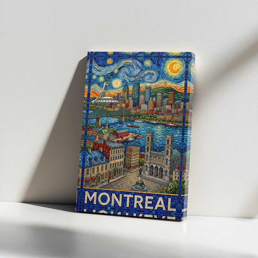 Montreal Canada Wall Art | Starry Night Mosaic Illustration | Premium Gallery Wrapped Canvas | Travel Poster Gift for Quebec Lover