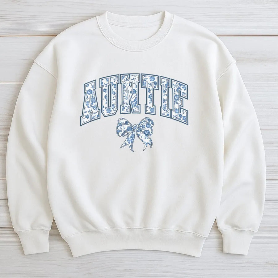 Auntie Sweatshirt | Blue Floral Collegiate Graphic with Bow | Premium Cotton Blend | Gift for New Aunt, Pregnancy Announcement