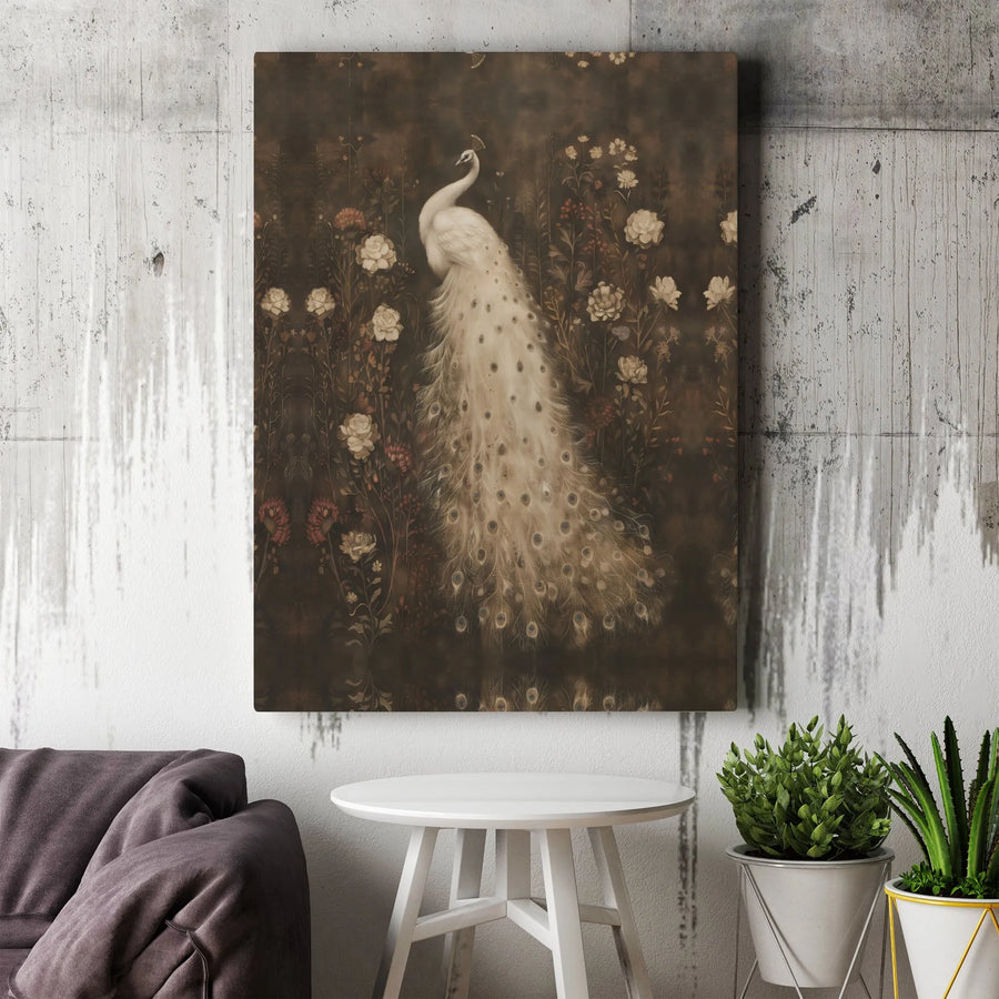 White Peacock Canvas Wall Art | Vintage Floral Dark Academia Print | Premium Stretched Canvas | Gothic Botanical Decor Gift
