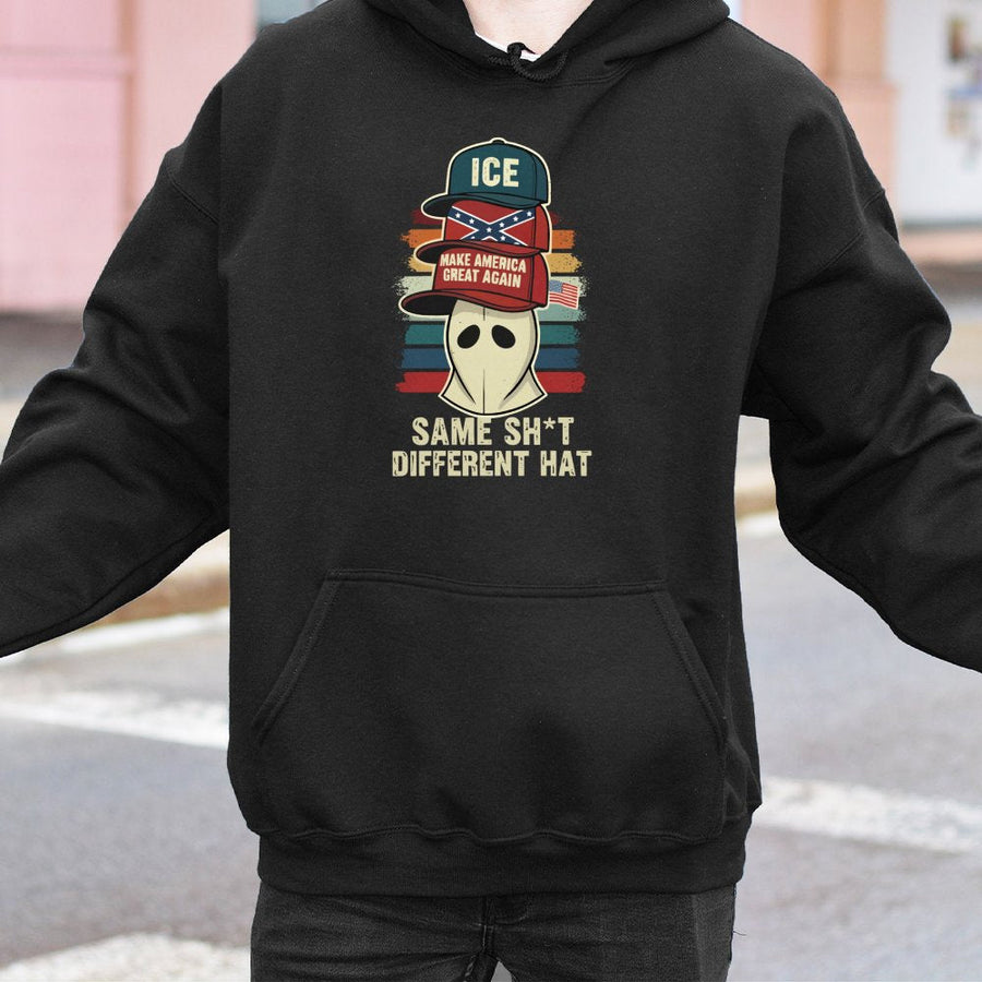 Parody Hoodie | Same Sh*t Different Hat Graphic Design | Premium Cotton-Poly Blend | Unisex Satirical Statement Apparel