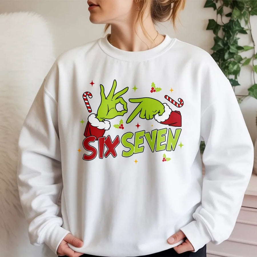 Six Seven Christmas Sweatshirt | Funny Green Hand Sign Meme Graphic | Premium Cotton Blend Crewneck | Viral Gen Z Holiday Gift For Her Him