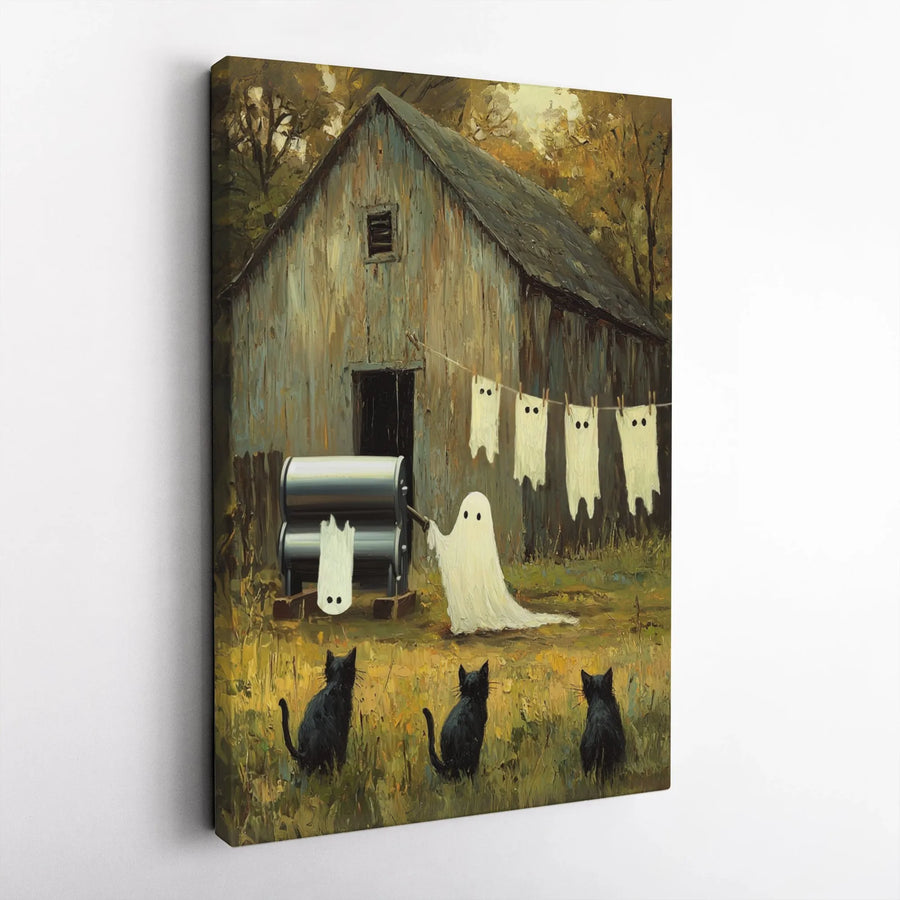 Ghost Doing Laundry Canvas Print | Funny Halloween Ghost Costume Art | Premium 1.25" Gallery Wrap | Whimsical Fall Home Decor Gift