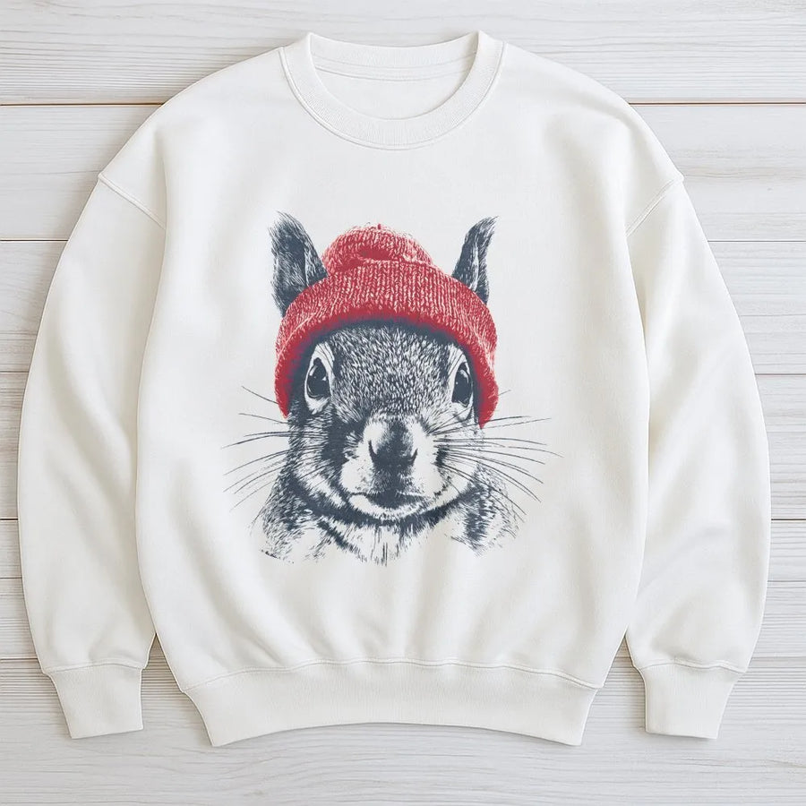 Squirrel Sweatshirt with Red Beanie | Cute Wildlife Graphic Illustration | Soft Premium Cotton Blend | Funny Hipster Nature Lover Gift