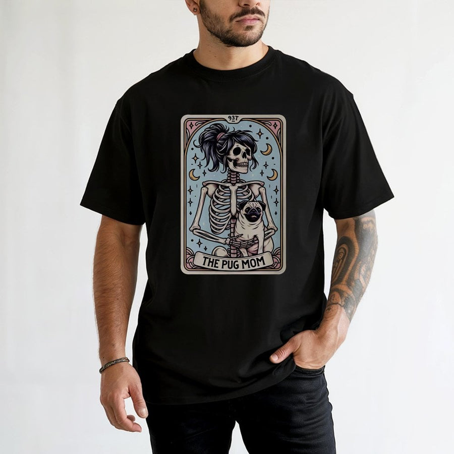 Pug Mom T-Shirt | Spooky Tarot Card Skeleton Dog Graphic | 100% Cotton Premium Tee | Unique Halloween Gift for Dog Lovers