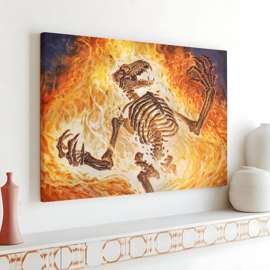 Sacred Fire Skeleton Canvas Wall Art | Fantasy Beast in Flames Painting | Premium Gallery Wrapped Canvas | Gothic Home Decor Gift for Fantasy Fan