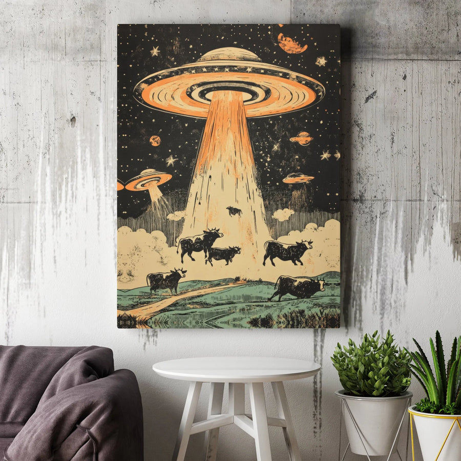 UFO Abducting Cows Canvas Wall Art | Retro Alien Sci-Fi Space Print | Premium Gallery-Wrapped Decor | Unique Gift for Astronomy Lovers