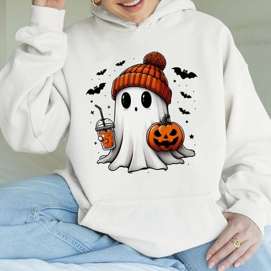 Cute Ghost Hoodie | Pumpkin Spice Latte Spooky Season Design | Cotton Blend Premium Pullover | Halloween Gift for Women and Men