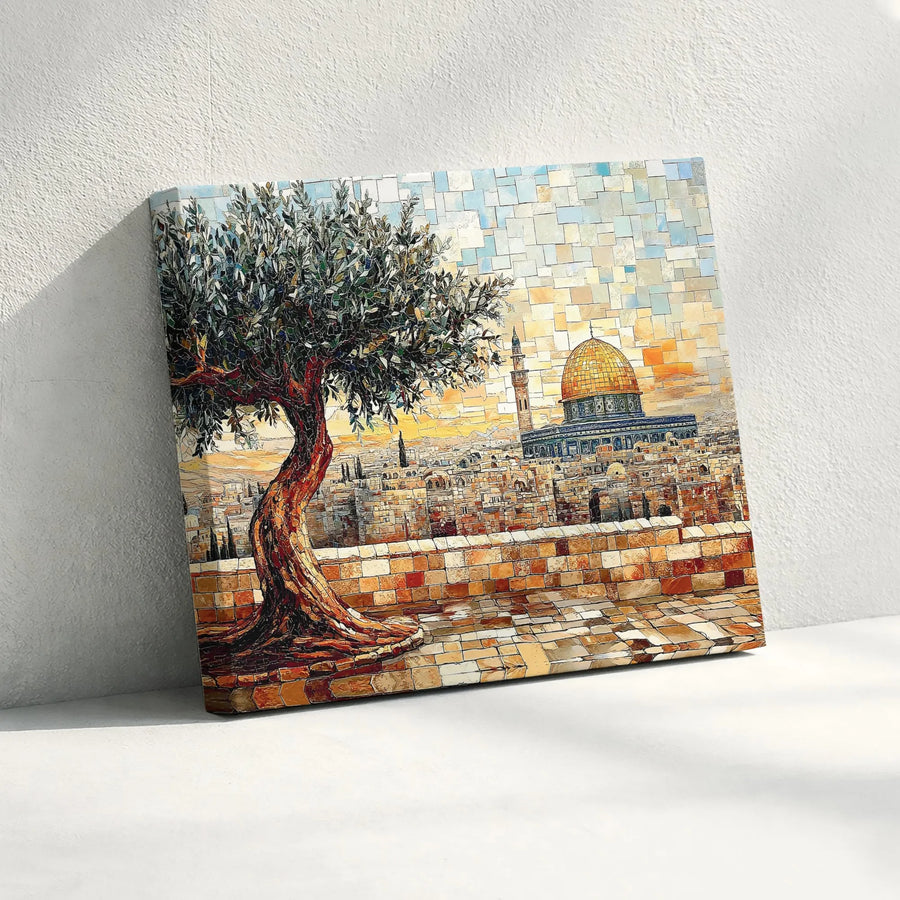 Jerusalem Mosaic-Style Horizontal Canvas | Ancient Olive Tree and Dome of the Rock | Premium 1.25 Inch Frameless Gallery Wrap | Holy Land Home Decor Gift