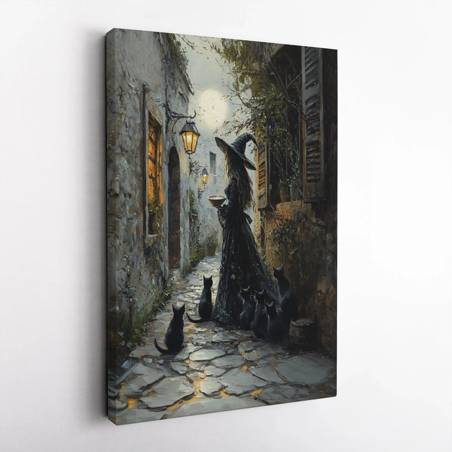 Witch Wall Art Canvas | Magical Cobblestone Alley With Black Cats | Premium Fade-Resistant Print | Gothic Halloween Home Decor Gift