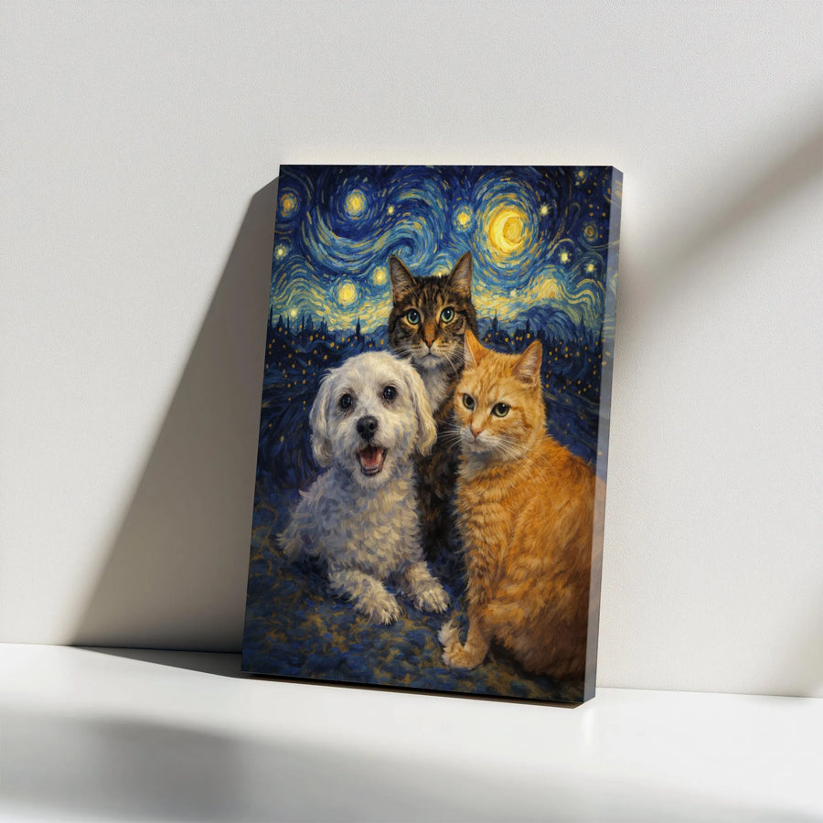 Starry Night Pet Portrait Canvas | Cat and Dog Van Gogh Style Painting | Premium Gallery Wrapped Art | Unique Gift for Pet Lovers