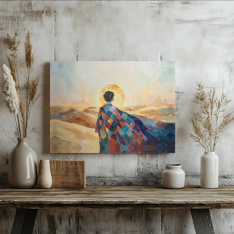 Abstract Desert Canvas Wall Art | Colorful Patchwork Cloak Woman Print | 1.25" Gallery Wrap Premium Decor | Boho Living Room Bedroom Gift