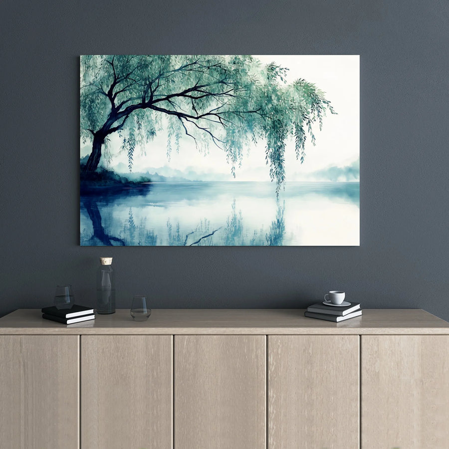 Weeping Willow Canvas Wall Art | Misty Lake Watercolor Landscape | Premium 1.25-inch Gallery Wrap | Serene Nature Decor for Living Room Office