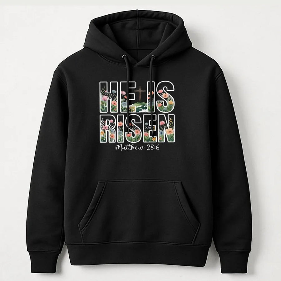 He Is Risen Hoodie | Floral Cross Graphic with Bible Verse | Soft Cotton Blend Pullover | Christian Easter Gift for Women