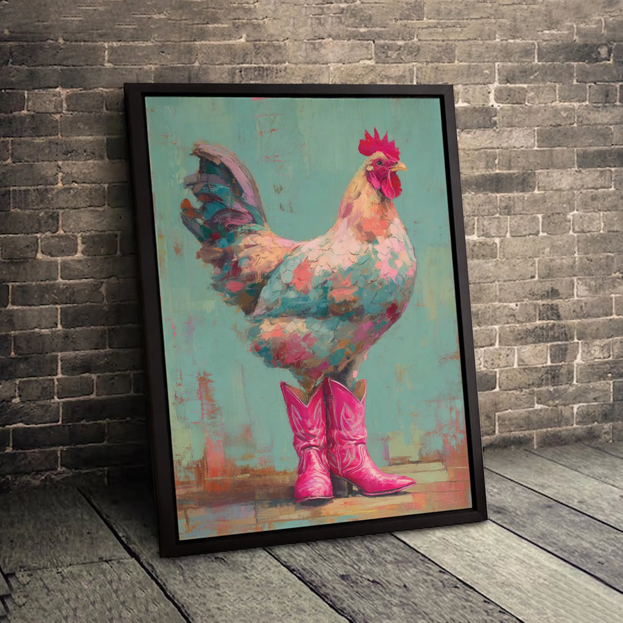 Rooster in Pink Cowboy Boots Wall Art | Whimsical Farmhouse Canvas Print | Premium Gallery-Wrapped Decor | Fun Country Kitchen Gift for Her
