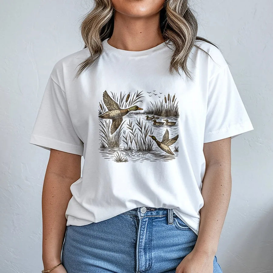 Vintage Mallard Duck T-Shirt | Retro Flying Ducks Marsh Scene | Premium Cotton-Blend Sweatshirt | Gift for Hunter and Nature Lover