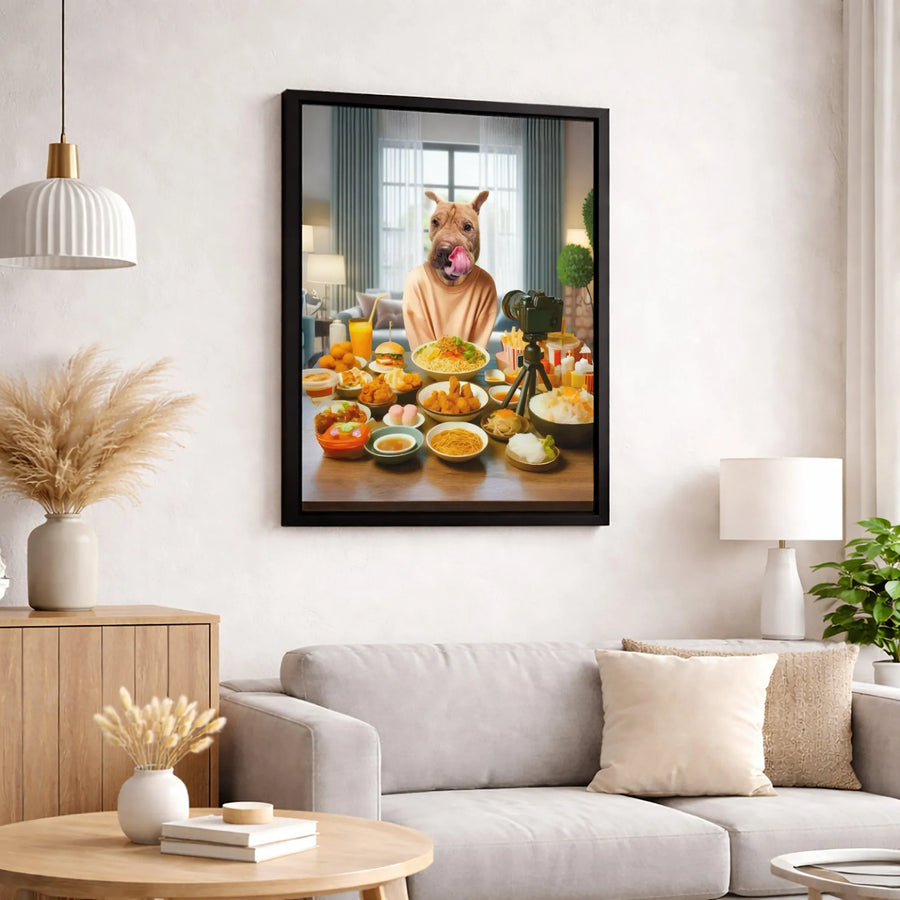Funny Shar-Pei Dog Mukbang Canvas Wall Art | Whimsical Pet Vlogger Print | Premium Fade-Resistant Gallery Wrap | Unique Gift For Dog Lovers & Foodies