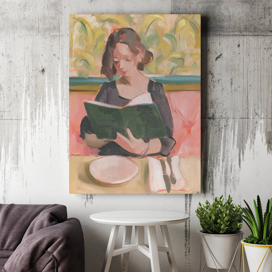 Woman Reading Art Canvas | Impressionist Cafe Scene Painting | Premium Gallery Wrap Canvas | Book Lover Wall Decor Gift