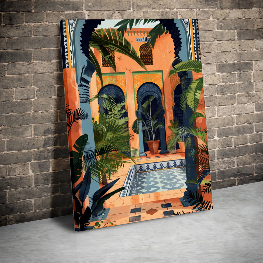 Moroccan Riad Canvas Wall Art | Tropical Courtyard Pool Illustration | Premium 1.25-Inch Gallery Wrap | Bohemian Home Decor Gift