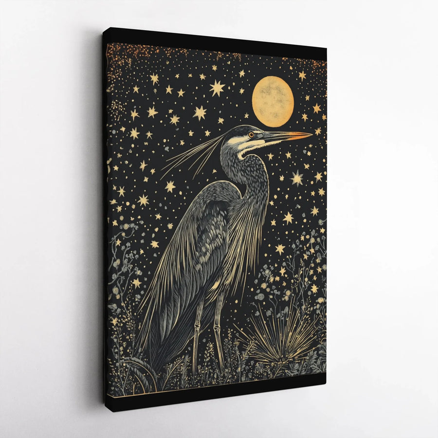 Great Blue Heron Canvas Wall Art | Celestial Moon and Stars Graphic | Gallery-Quality 1.25 Inch Thick Print | Nature Lover Home Decor Gift
