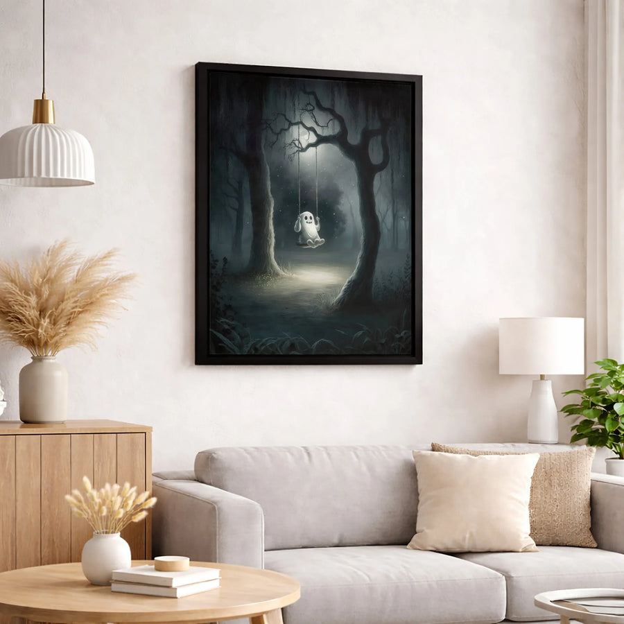 Cute Ghost Canvas Wall Art | Spooky Forest Swing Painting | Premium Gallery Wrapped Decor | Whimsical Halloween Home Gift