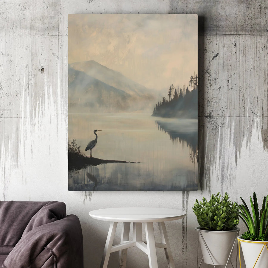 Heron Canvas Wall Art | Misty Mountain Lake Landscape | Premium Fade-Resistant Print | Serene Nature Decor for Living Room or Office