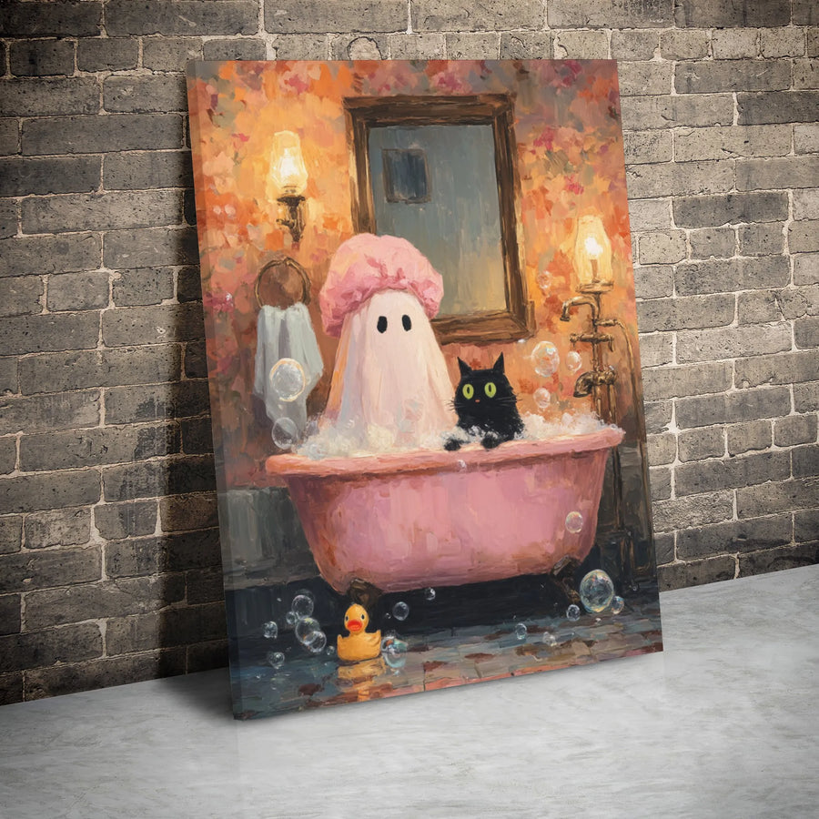 Ghost In Bathtub Canvas Art | Whimsical Black Cat Bubble Bath Print | 1.25" Gallery Wrap Premium Decor | Spooky Cute Halloween Wall Art Gift