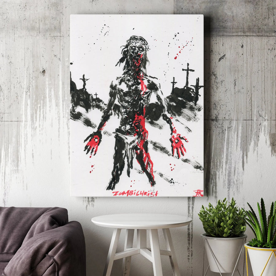 Zombie Christ Canvas Wall Art | Gothic Brushstroke Painting | Premium Gallery Wrapped Canvas | Unique Gift for Horror Fan
