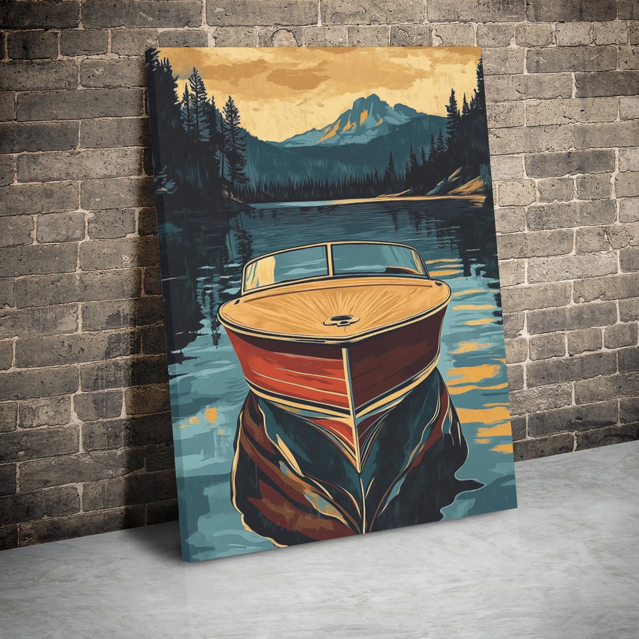 Vintage Wooden Boat Canvas Wall Art | Serene Mountain Lake Landscape | Gallery Wrap 1.25 Inch Wood Frame | Nature Lover Home Office Decor Gift