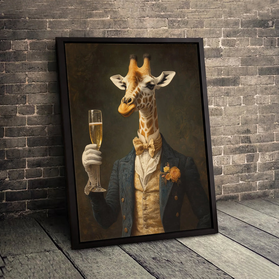 Giraffe In Suit Canvas Wall Art | Dapper Animal Toasting Champagne | Gallery Quality Framed Print | Unique Home Office Decor Gift