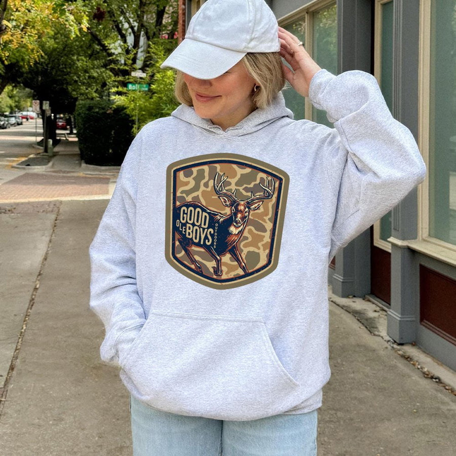 Good Ole Boys Outdoors Hoodie Buck Deer Graphic With Camo Shield Southern Hunting Hoodie For Country Men