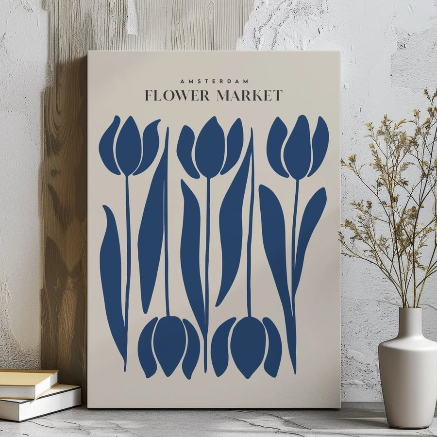 Amsterdam Flower Market Wall Art | Minimalist Blue Tulip Botanical Canvas Print | Premium Gallery Wrap 1.25" Frame | Modern Home Decor Gift
